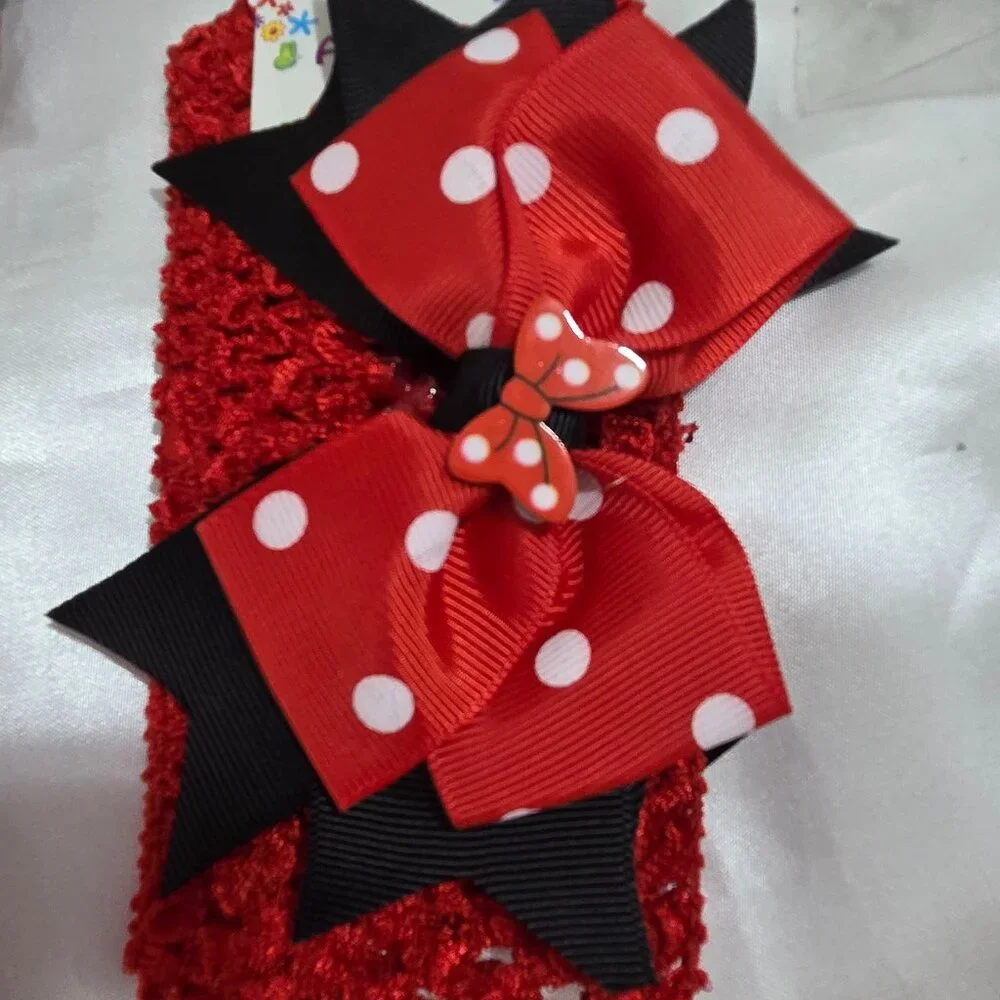Girls Minnie Style Headbands  Red Black Polka Dot Bows Stretchy